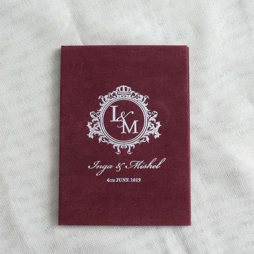 Gold Mirror Invitation Card With Velvet Holder Foiling Printing Wine Red